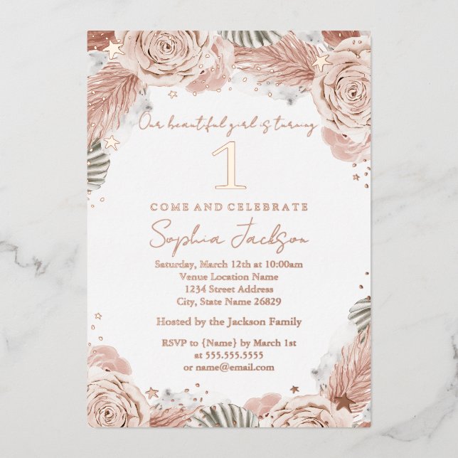 ROSE GOLD Boho Blush Starfish Beach 1st Birthday  Foil Invitation (Front)