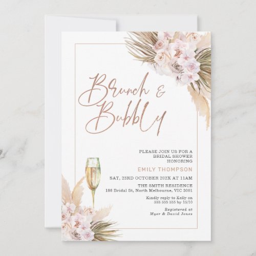 Rose Gold Boho Dry Floral Pampas Bridal Shower Invitation