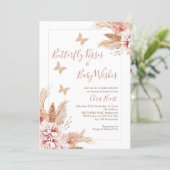 Rose Gold Boho Floral Butterfly Kisses Baby Shower Invitation (Standing Front)