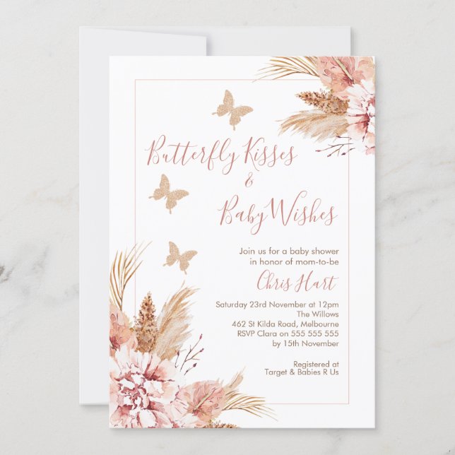 Rose Gold Boho Floral Butterfly Kisses Baby Shower Invitation (Front)