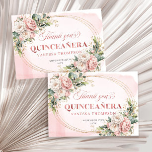 Rose Gold Boho Floral Greenery Sweet Fifteen Thank You Card