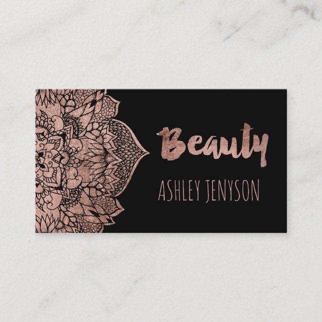 Rose gold boho floral mandala beauty typography business card (Front)