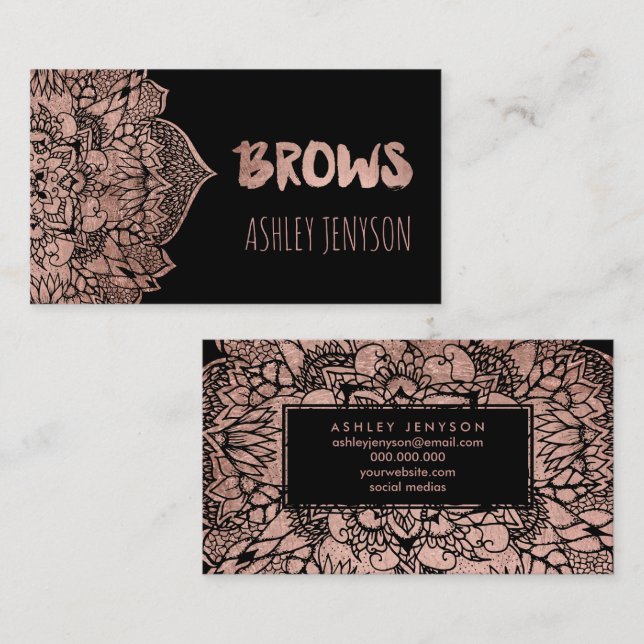 Rose gold boho floral mandala brows typography 2 business card (Front/Back)