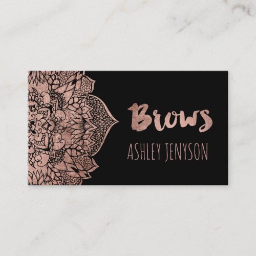 Rose gold boho floral mandala brows typography business card