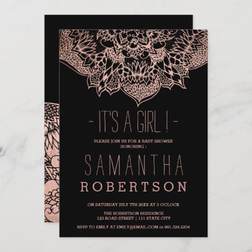 Rose gold boho floral mandala girl baby shower invitation