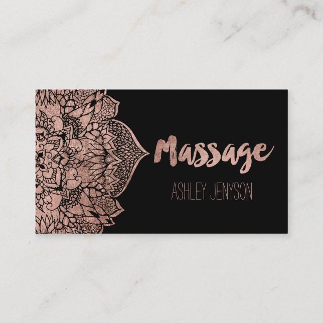 Rose gold boho floral mandala massage typography business card (Front)