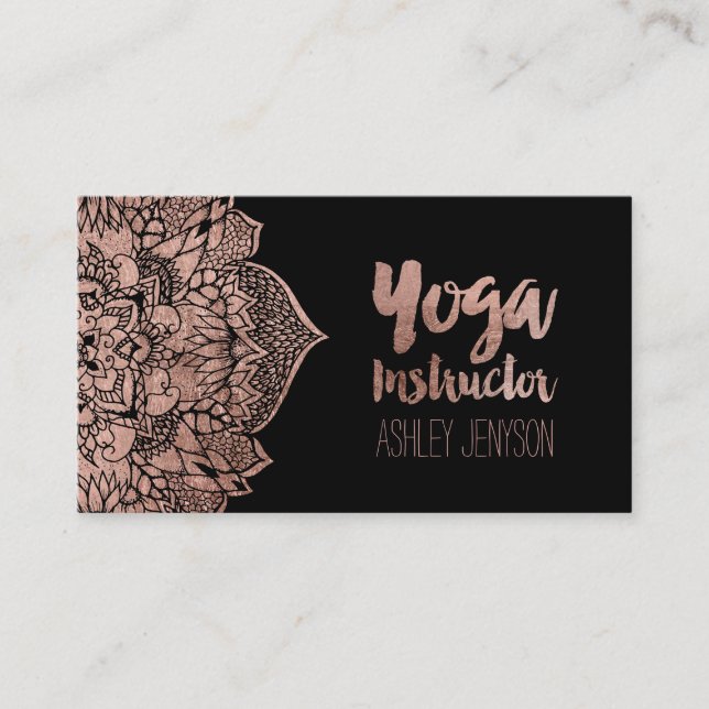 Rose gold boho floral mandala yoga typography business card (Front)