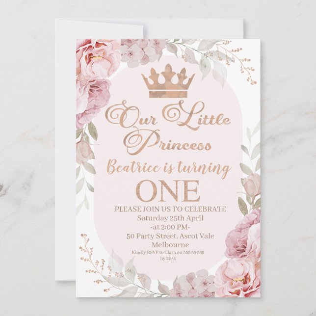 Rose Gold Boho Floral Princess Crown 1st Birthday Invitation (Front)