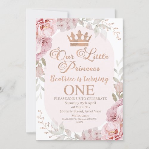 Rose Gold Boho Floral Princess Crown 1st Birthday Invitation