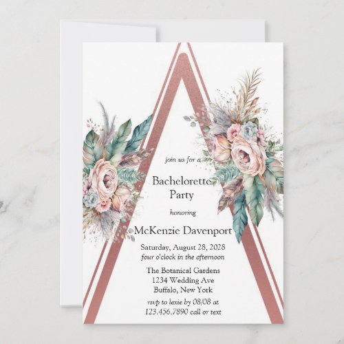 Rose Gold Boho Floral Triangle Bachelorette Party Invitation