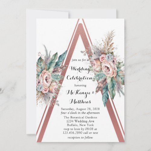 Rose Gold Boho Floral Triangle Wedding Invitation