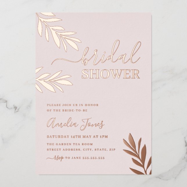 Rose Gold Boho Leaf Bridal Shower Foil Invitation (Front)
