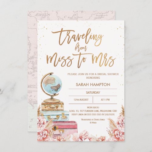 Rose Gold Boho Traveling Miss to Mrs Bridal Shower Invitation