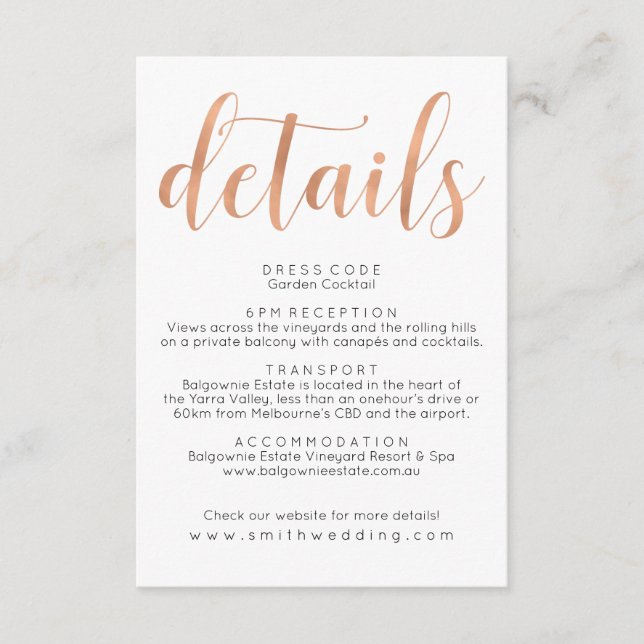 Rose Gold Boho Wedding Details Info Card (Front)