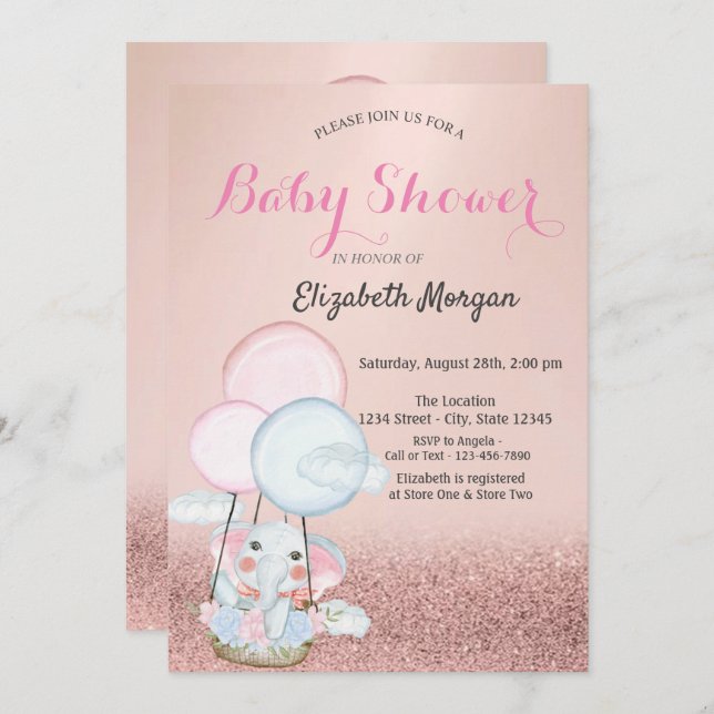 Rose Gold Bokeh,Elephant Air Balloon Baby Shower Invitation (Front/Back)