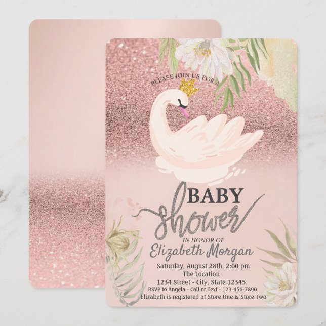 Rose Gold Bokeh,Swan Boho Flowers Baby Shower   Invitation (Front/Back)