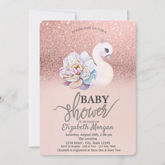 Rose Gold Bokeh,Swan Floral Baby Shower   Invitation (Front)