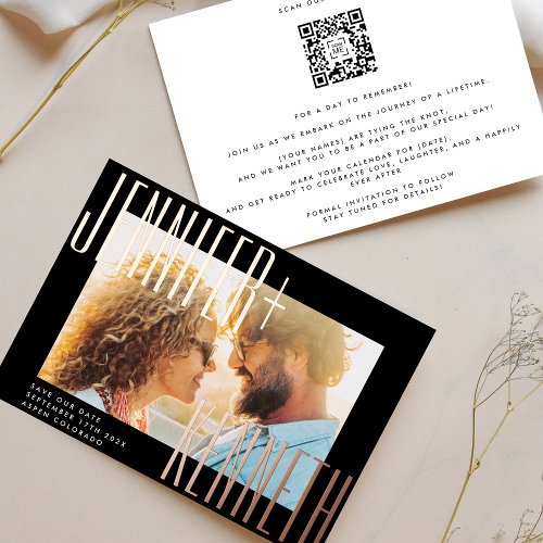 ROSE GOLD BOLD NAMES PHOTO QR CODE SAVE THE DATE FOIL INVITATION