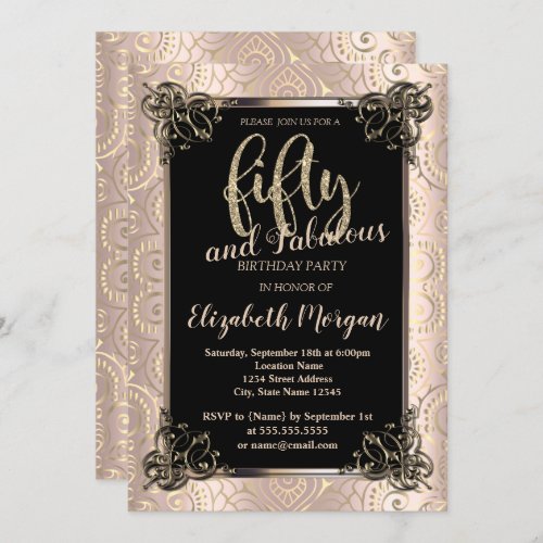 Rose Gold Border Gold Mandala 50th Birthday Party Invitation