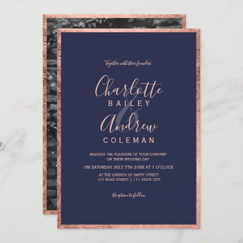 Rose gold border navy blue script  photo wedding invitation
