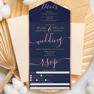 Rose gold border navy blue script wedding all in one invitation