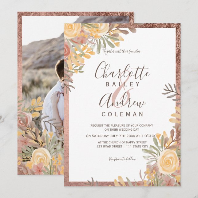Rose gold border terracotta floral photo wedding invitation (Front/Back)