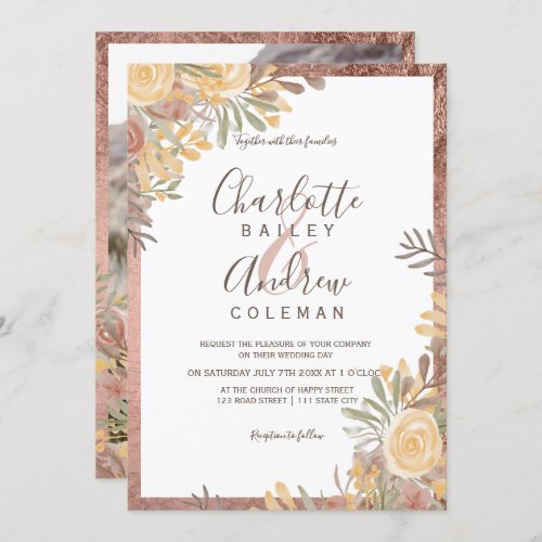 Rose gold border terracotta floral photo wedding invitation