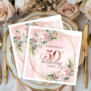 Rose Gold Botanical Blush 50th Birthday Party  Napkins