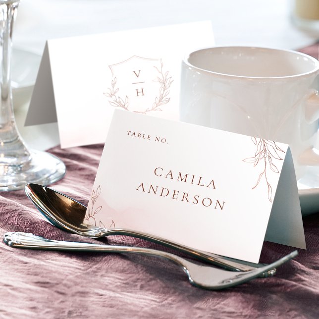 Rose gold botanical crest monogram place card (Rose gold botanical crest monogram place card)