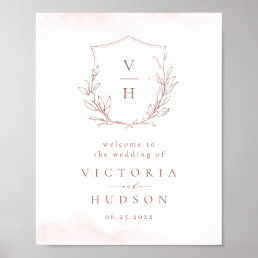 Rose gold botanical crest monogram wedding welcome poster