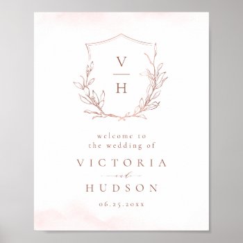 Rose Gold Botanical Crest Monogram Wedding Welcome Poster by AvaPaperie at Zazzle