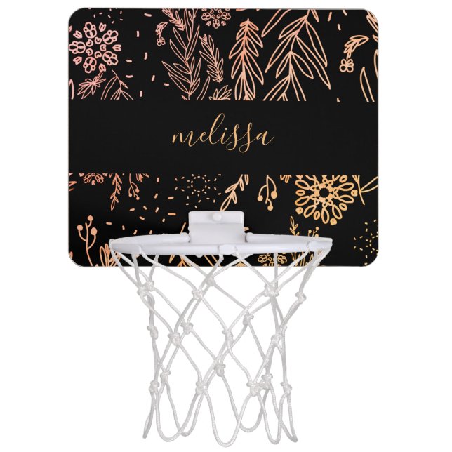 Rose Gold Botanical Doodle Pattern Signature Mini Basketball Hoop (Front)