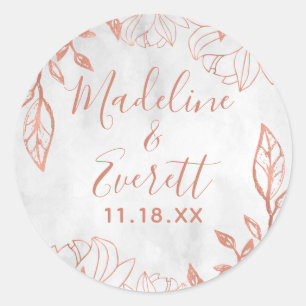 Rose Gold Botanical Floral Gray Monogram Wedding Classic Round Sticker