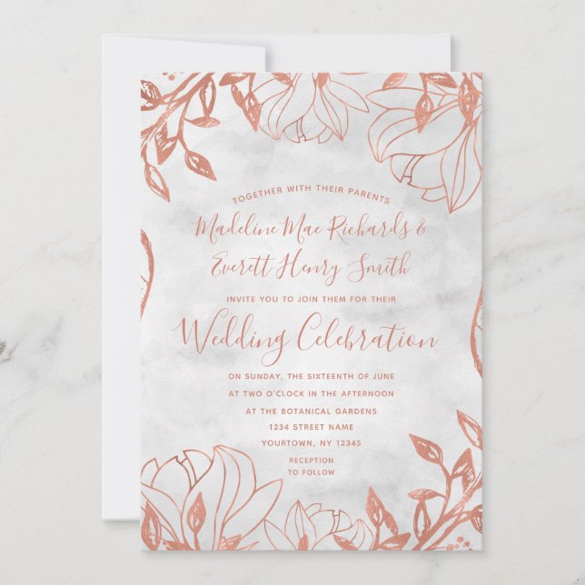 Rose Gold Botanical Floral Gray Wedding Invitation (Front)