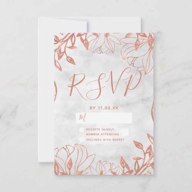 Rose Gold Botanical Floral Gray Wedding RSVP Card (Front)