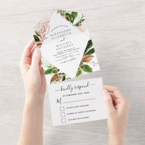 Rose Gold Botanical Greenery Wedding All In One Invitation