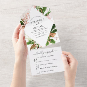 Rose Gold Botanical Greenery Wedding RSVP All In One Invitation
