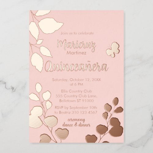 Rose Gold Botanicals Pink Quinceaera Invitation