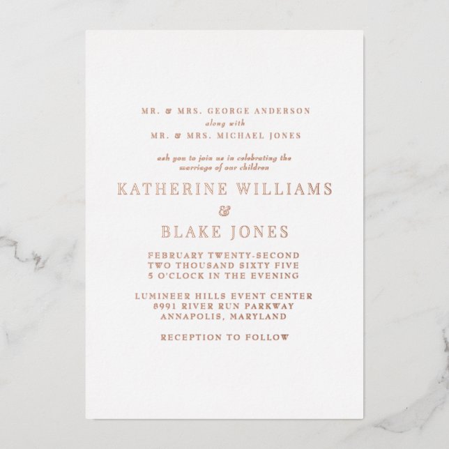 Rose Gold Both Parents Wedding Foil Invitation (Front)