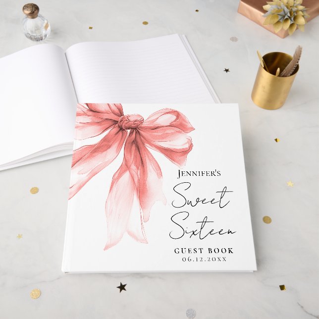Rose Gold Bow Coquette Script Sweet 16 Party  Guest Book (Front Open)