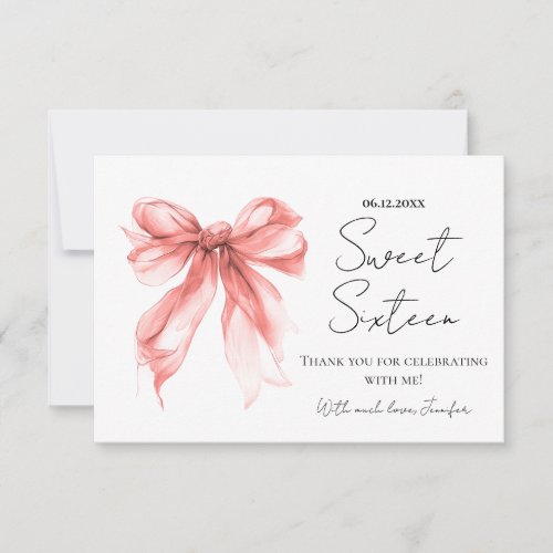 Rose Gold Bow Coquette Script Sweet 16 Thank You 