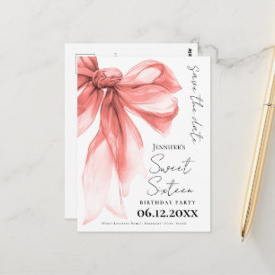 Rose Gold Bow Coquette Sweet 16 Save the Date  Postcard
