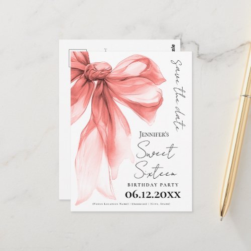 Rose Gold Bow Coquette Sweet 16 Save the Date 