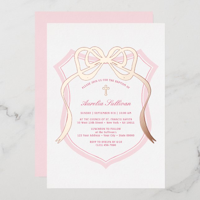 Rose Gold Bow Pink Crest Baptism Foil Invitation (Front/Back)