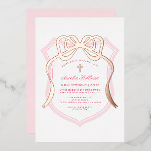 Rose Gold Bow Pink Crest Baptism Foil Invitation