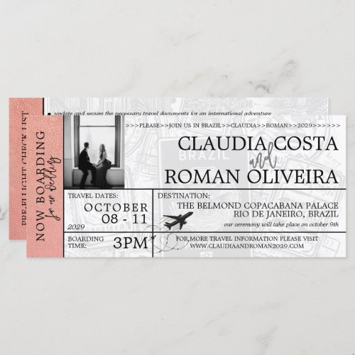 Rose Gold Brazil Wedding Boarding Pass Invitation