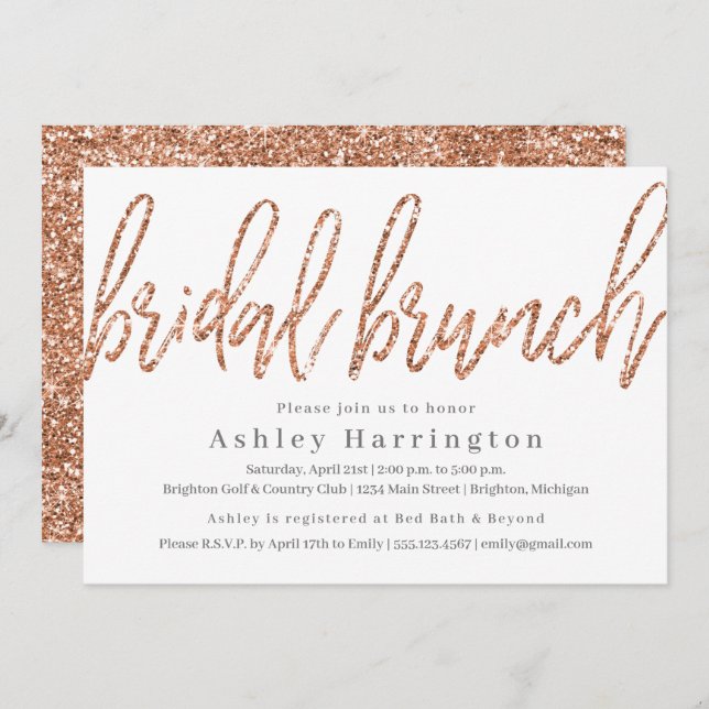 Rose Gold Bridal Brunch Invitation with Glitter (Front/Back)