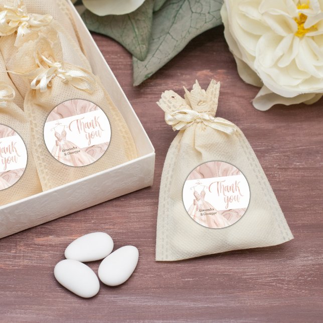 Rose Gold Bridal Dress Shower Thank You Favor Classic Round Sticker (Creator Uploaded)