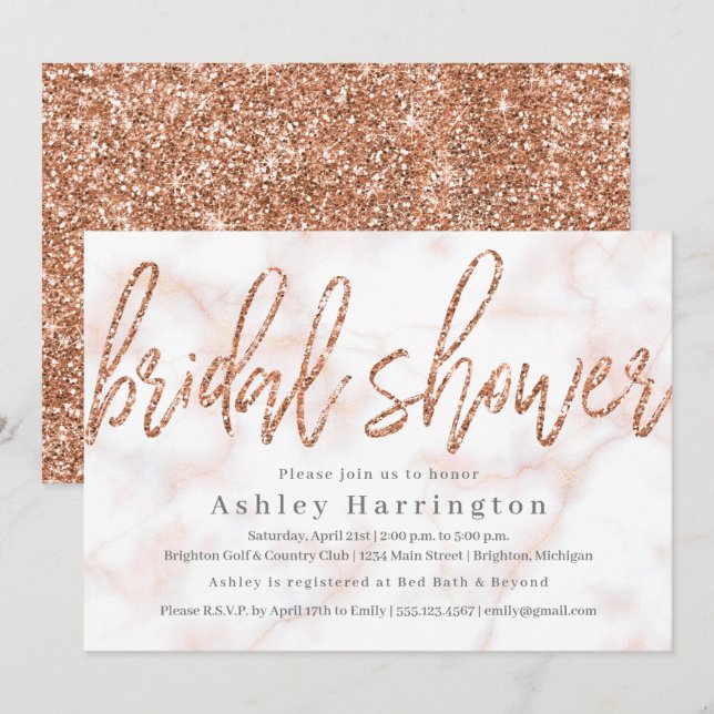 Rose Gold Bridal Shower Invitation with Glitter (Front/Back)