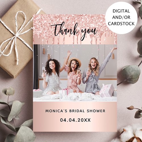 Rose gold bridal shower photo thank you card